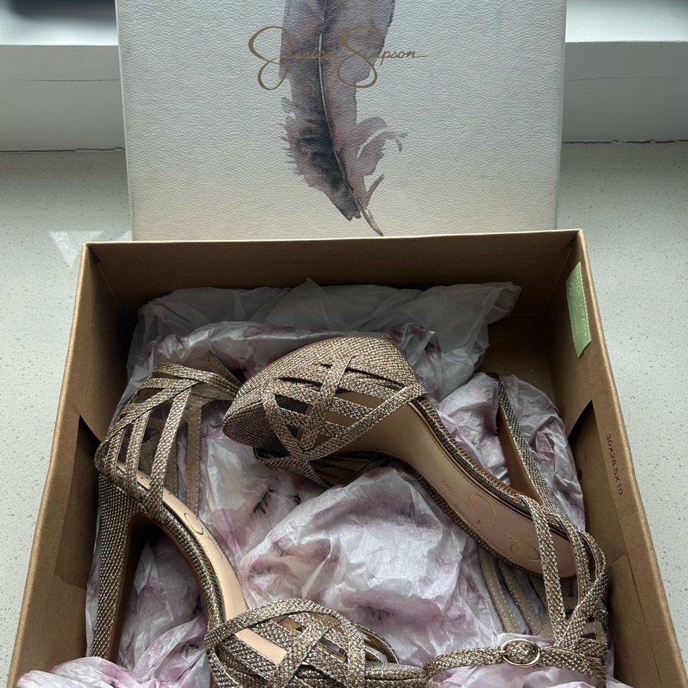 Jessica Simpson strappy gold glitter platform stiletto sandals